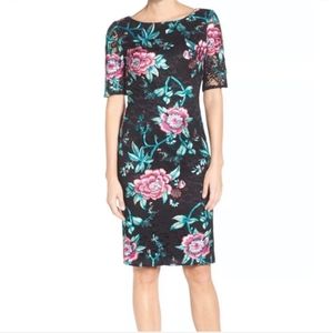 New Eliza J Embroidered Floral Overlay Boatneck Quarter Sleeve Midi Sheath Dress